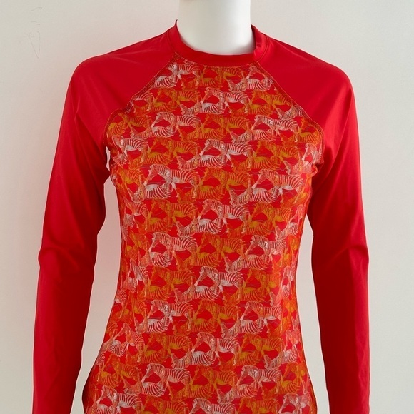 Prana Charline Sun Swim Shirt Red Zebra Print Crew Neck Long Sleeve Size XS - Picture 1 of 5